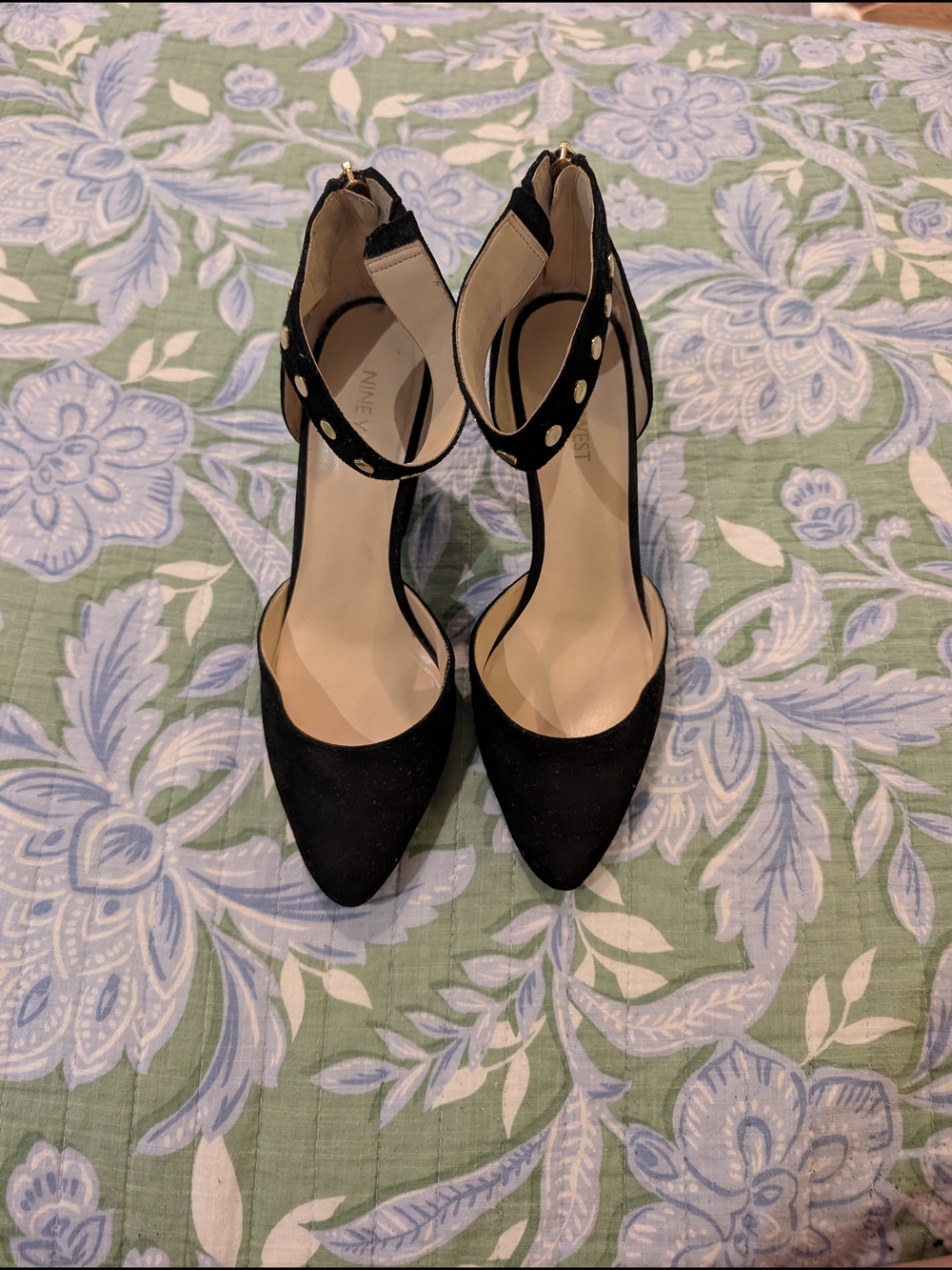 Nine West Black Pointed-Toe Ankle-Strap Heels with Stud Accents - 8M